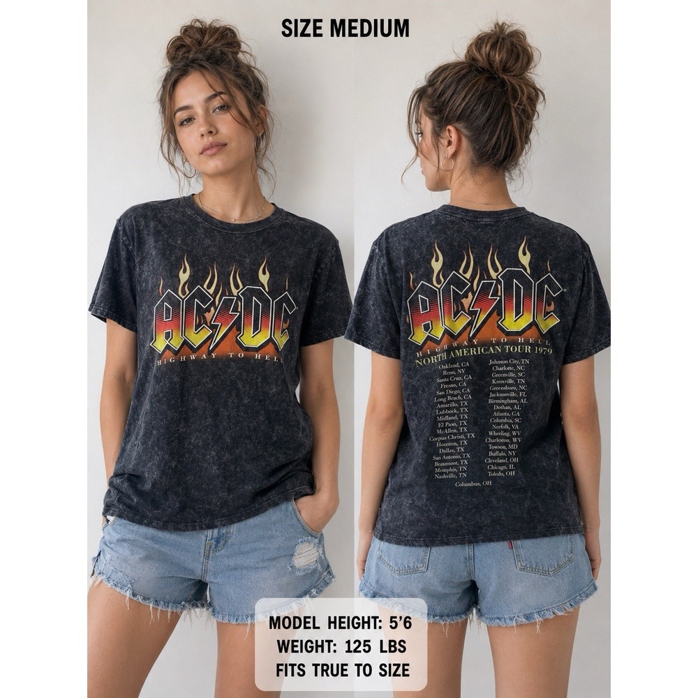AC/DC Highway to Hell 1979 Tour T-Shirt Medium Black Acid Wash Band Tee -2515